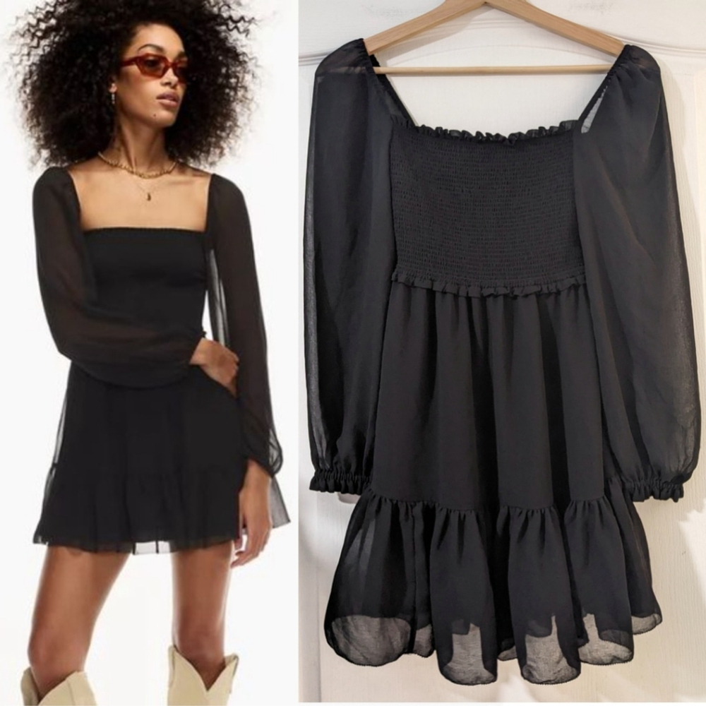 Aritzia Wilfred | Tempest smocked chiffon mini dress in black